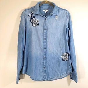 BP floral embroidered distressed chambray shirt